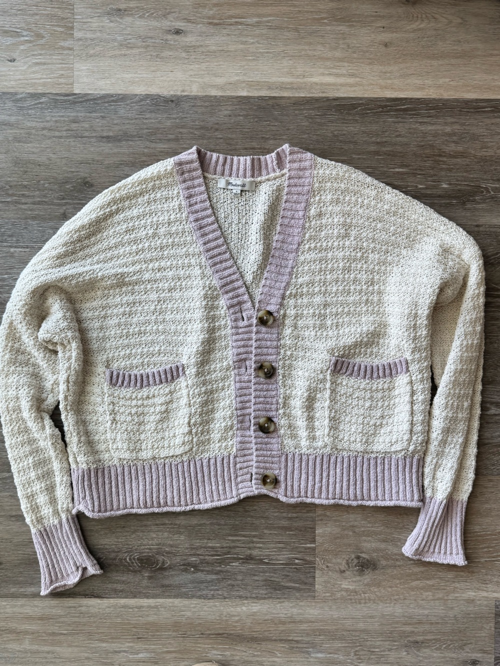 Madewell Seabrook Boxy Textured Cardigan Sweater Cream Purple (EUC) size small